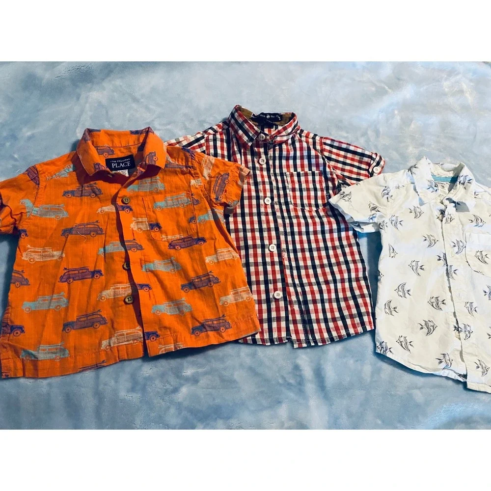 Toddler Boys Button Down Shirt Bundle Car Plaid Fish 12-18 Months 3pc Lot